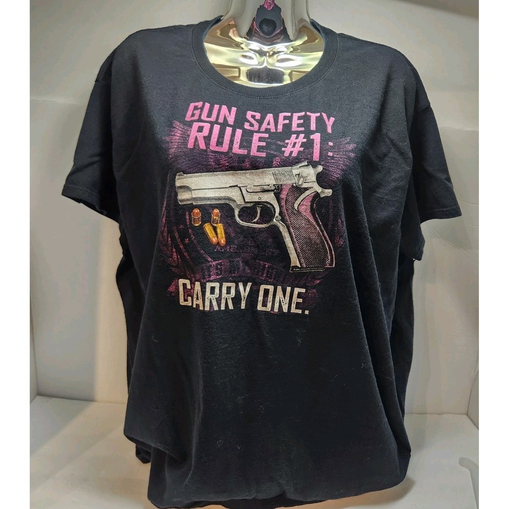 Womens T-Shirt Black With Pink #1 Gun Safety Carry One, Size 2XL, 100% Cotton